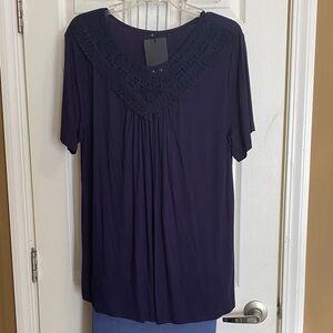 NWT Chic Navy Women's Blouse with Lace Detail